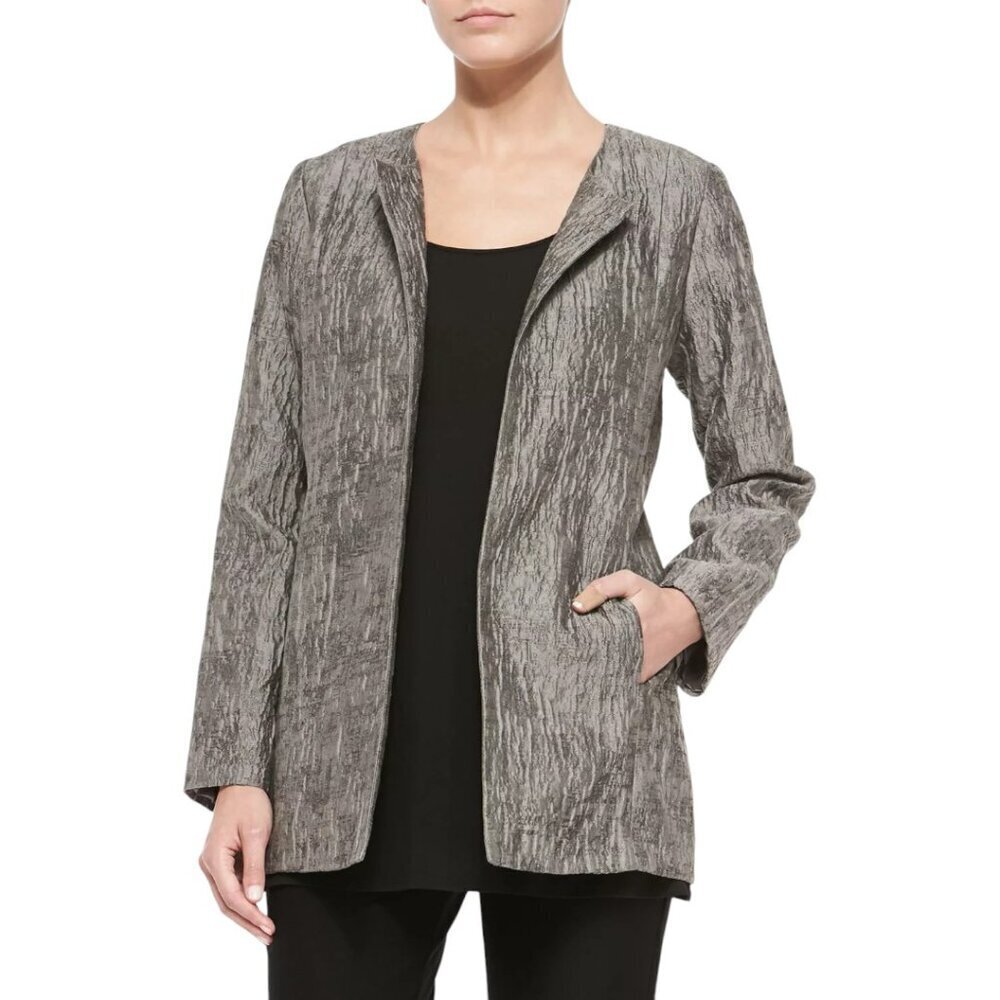 Eileen Fisher Mirage Crinkle Jacquard Open Front Jacket Rye Gray Cotton Silk